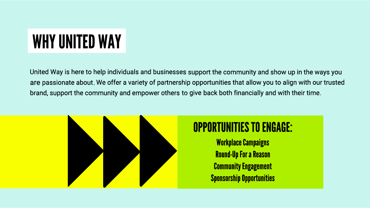 United Way is here to help individuals and businesses support the community and show up in the ways you are passionate about. We offer a variety of partnership opportunities that allow you to align it hour trusted brand, support the community and empower others to give back both financially and with their time. Opportunities to engage include workplace campaigns, Round-Up for a Reason, community engagement and sponsorship opportunities.