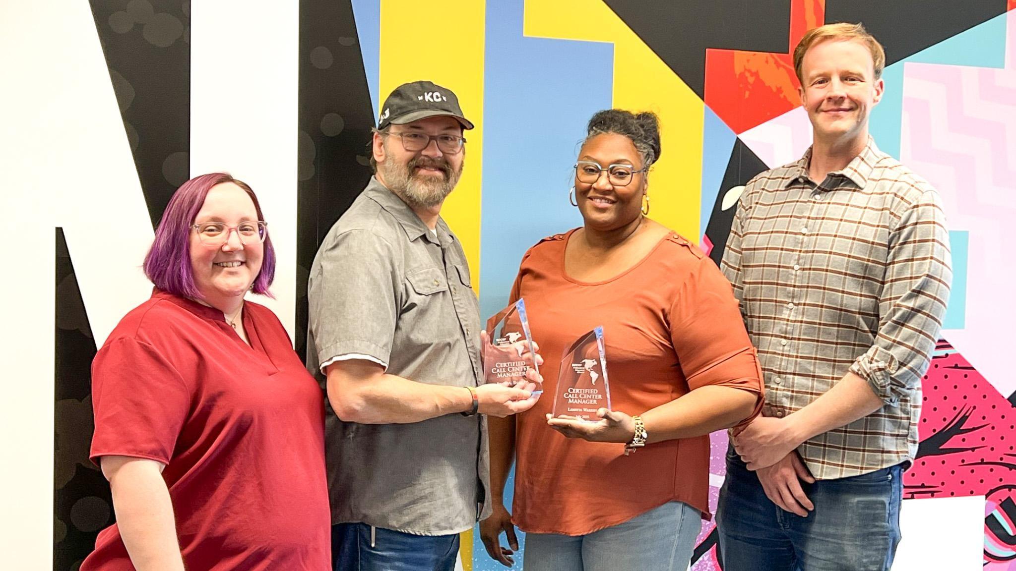 Left to Right: Kristen Engelbrecht, Vice President, 211 Services; Brian Shapley, Afterhours Contact Center Manager; Lenetta Warren, Day Contact Center Manager 211; Todd Jordan, VP, Community Impact & Exec. Dir. 211