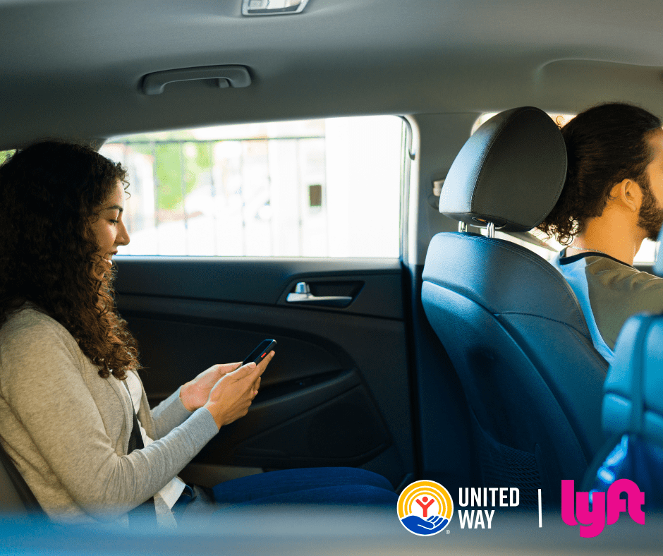 Photo of rideshare ; United Way logo; Lyft logo