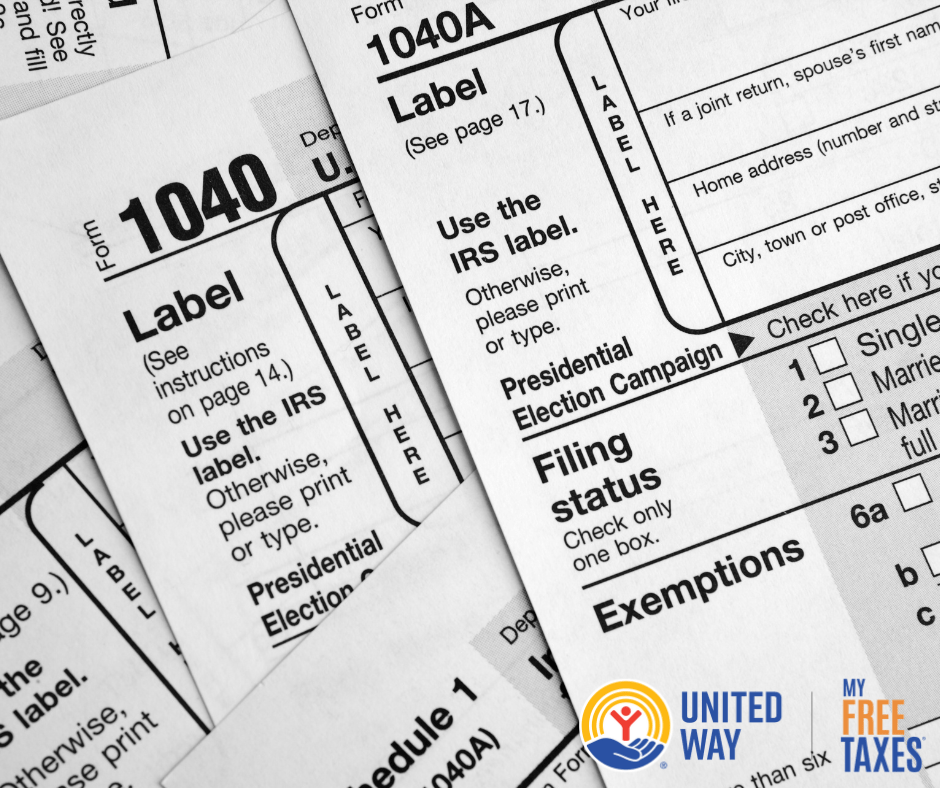 Image of tax papers; United Way logo; My Free Taxes logo