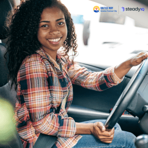 Image of woman driving; United Way of Greater Kansas City logo; SteadyIQ logo